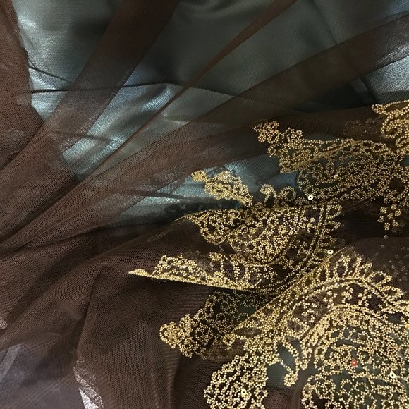 Adrianna Papell | Beaded Gold Green Tulle Dress - Picture 12 of 13